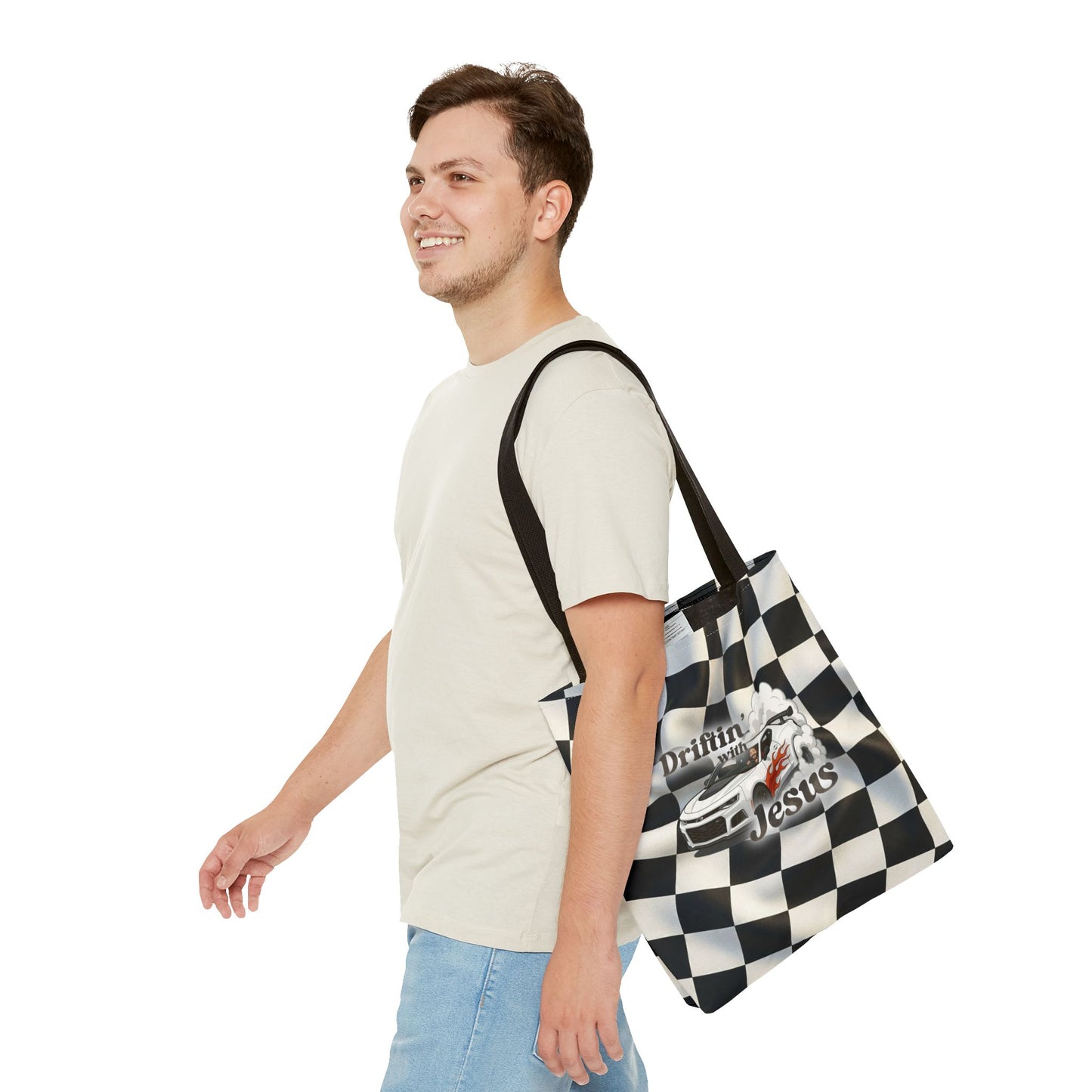 Driftin' with Jesus Racing Tote Bag - Checkered Flag Christian Car Gift