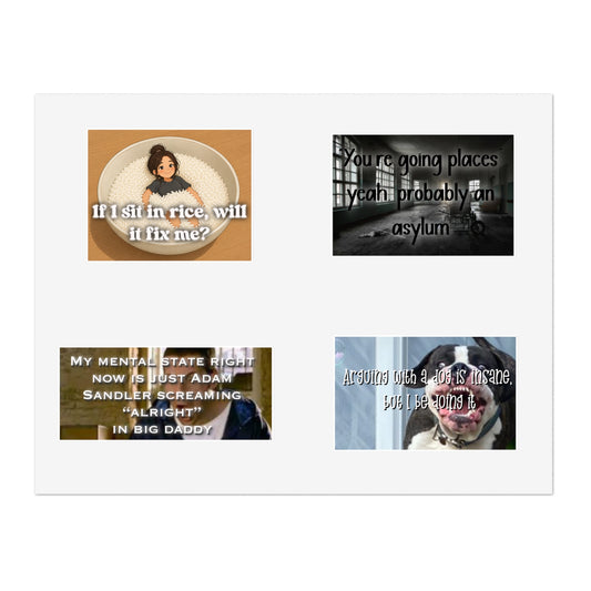 Funny Dark Humor Sticker Sheet — Meme Quotes ('If I sit in rice, will it fix me?', 'You're going places... asylum', Adam Sandler Big Daddy)