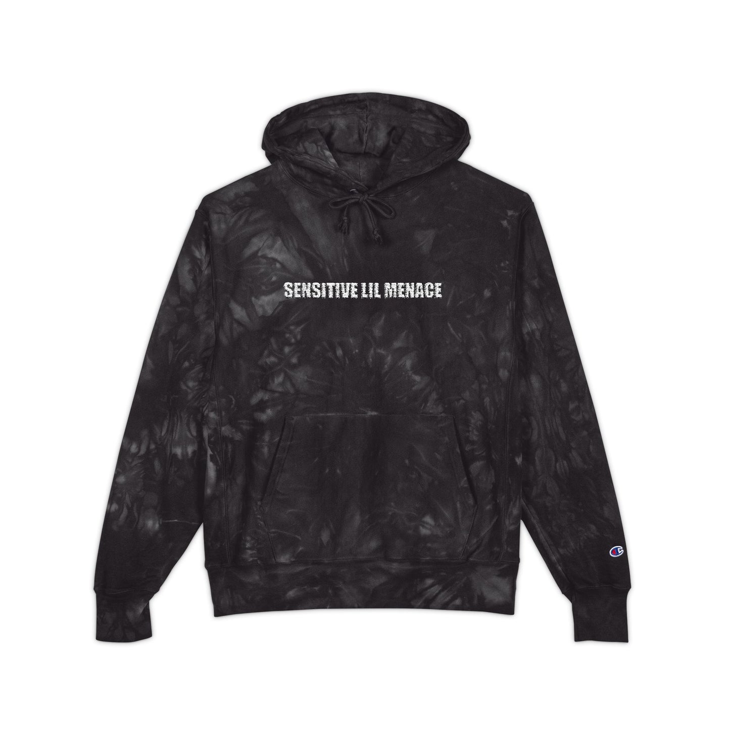 Tie-Dye Embroidered Hoodie — 'Sensitive lil menace' Champion Pullover