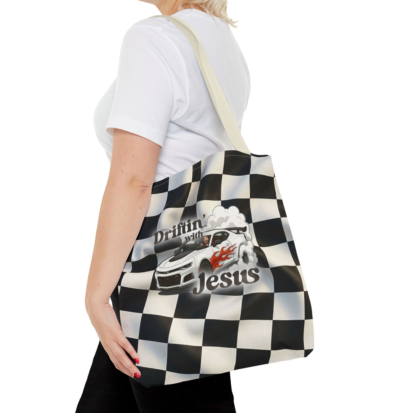 Driftin' with Jesus Racing Tote Bag - Checkered Flag Christian Car Gift