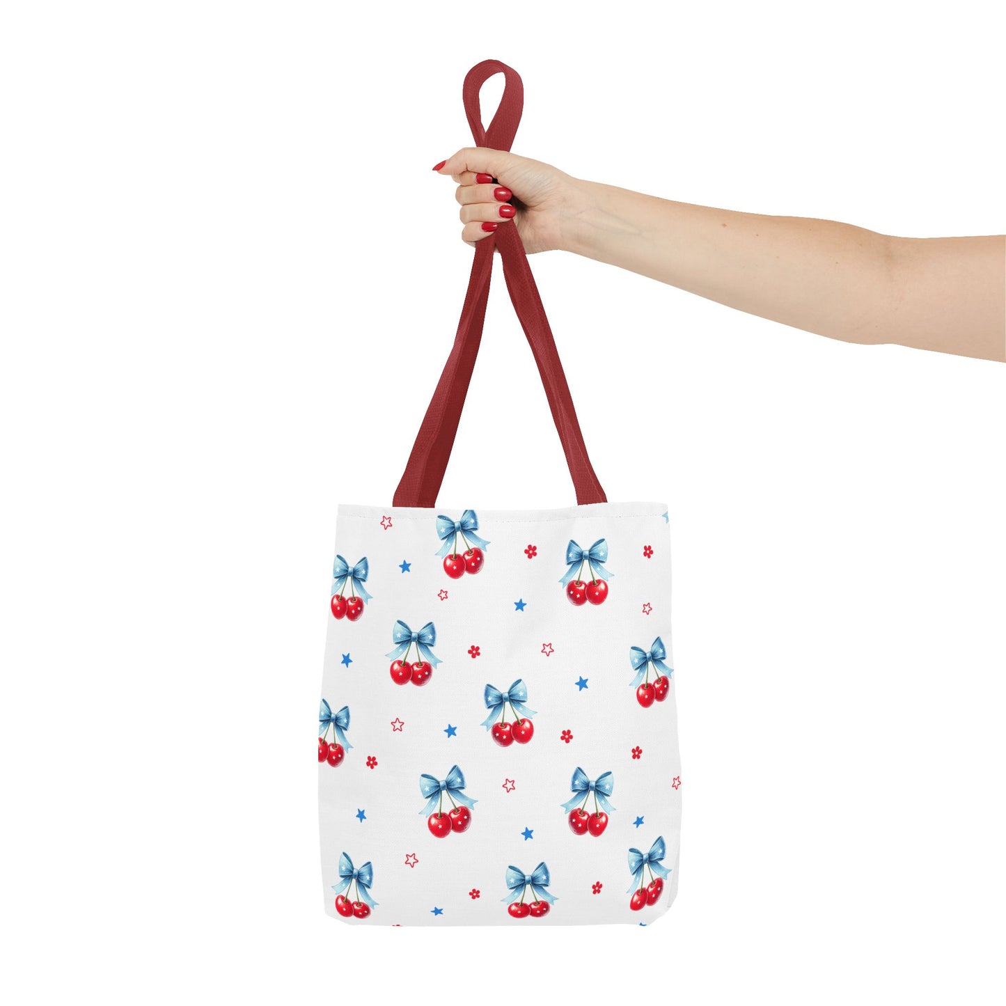 Cherry Bow Tote Bag — Cute Red Cherries with Blue Bows Patterned Shopper