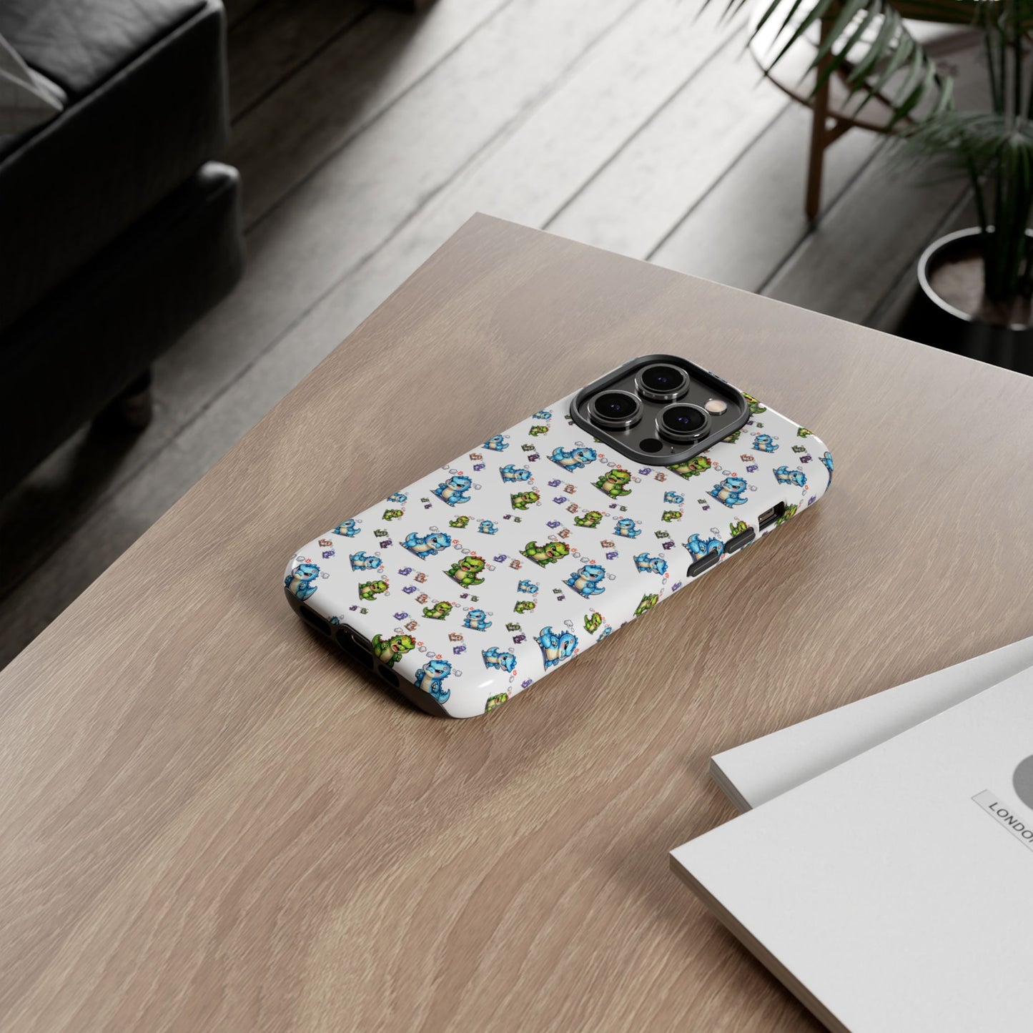 Cute Dino Pattern Phone Case — Cartoon Green & Blue Dino Tough Case, Protective iPhone Cover