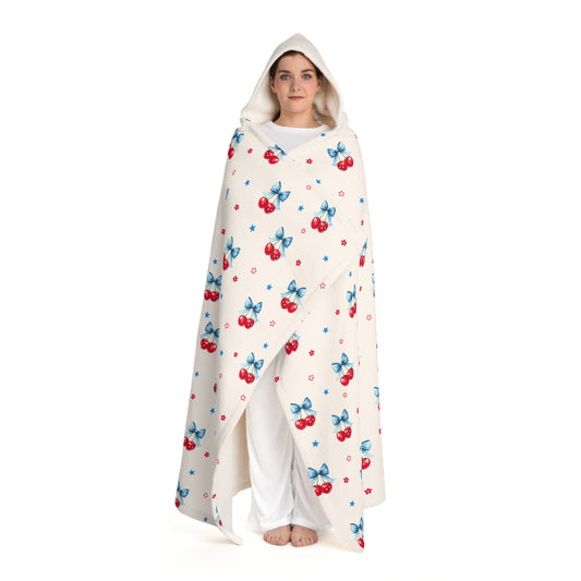 Hooded Sherpa Blanket – Cozy Red & Blue Cherry Fleece Throw