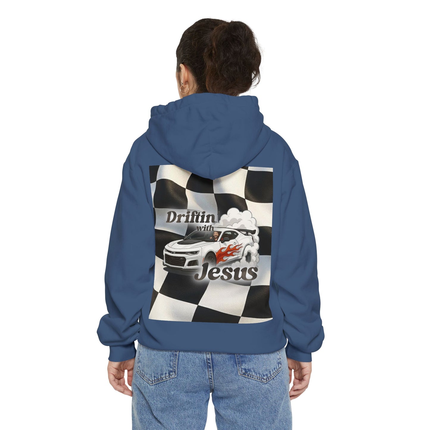 Classic Car Hoodie — Small Chest Graphic “drifting with jesus" Pullover