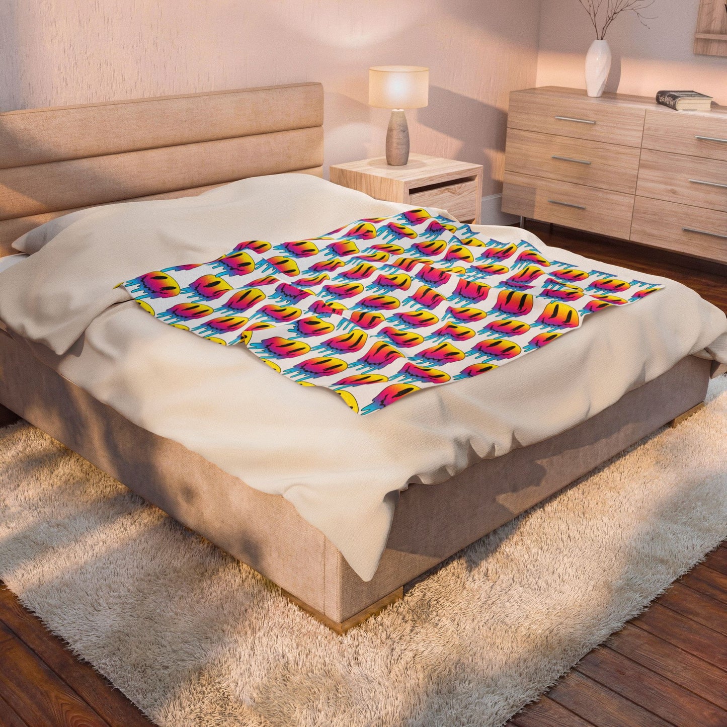 Velveteen Plush Blanket — Colorful Dripping Smiley Face Throw for Teens & Pop Art Lovers
