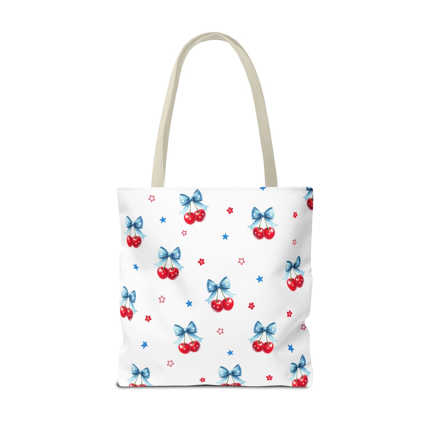 Cherry Bow Tote Bag — Cute Red Cherries with Blue Bows Patterned Shopper