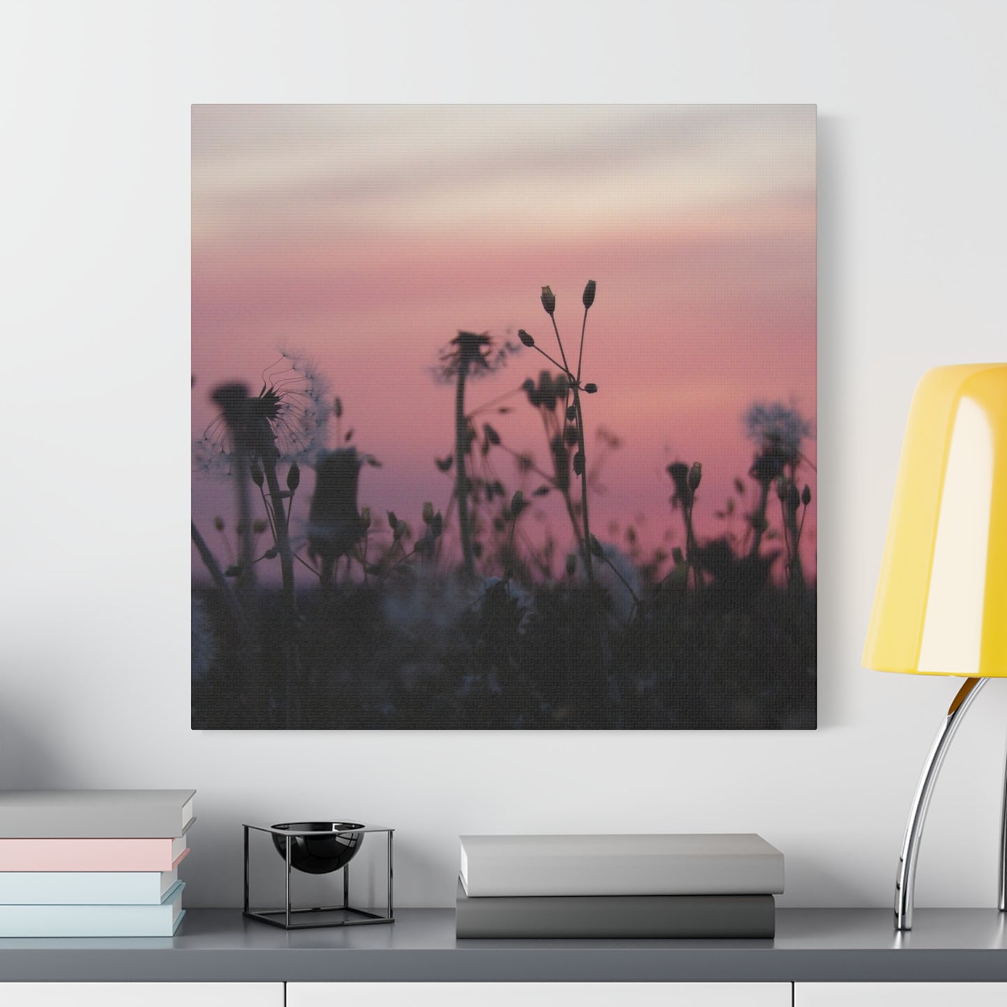 Canvas Wall Art - Silhouetted Wildflowers at Pink Sunset