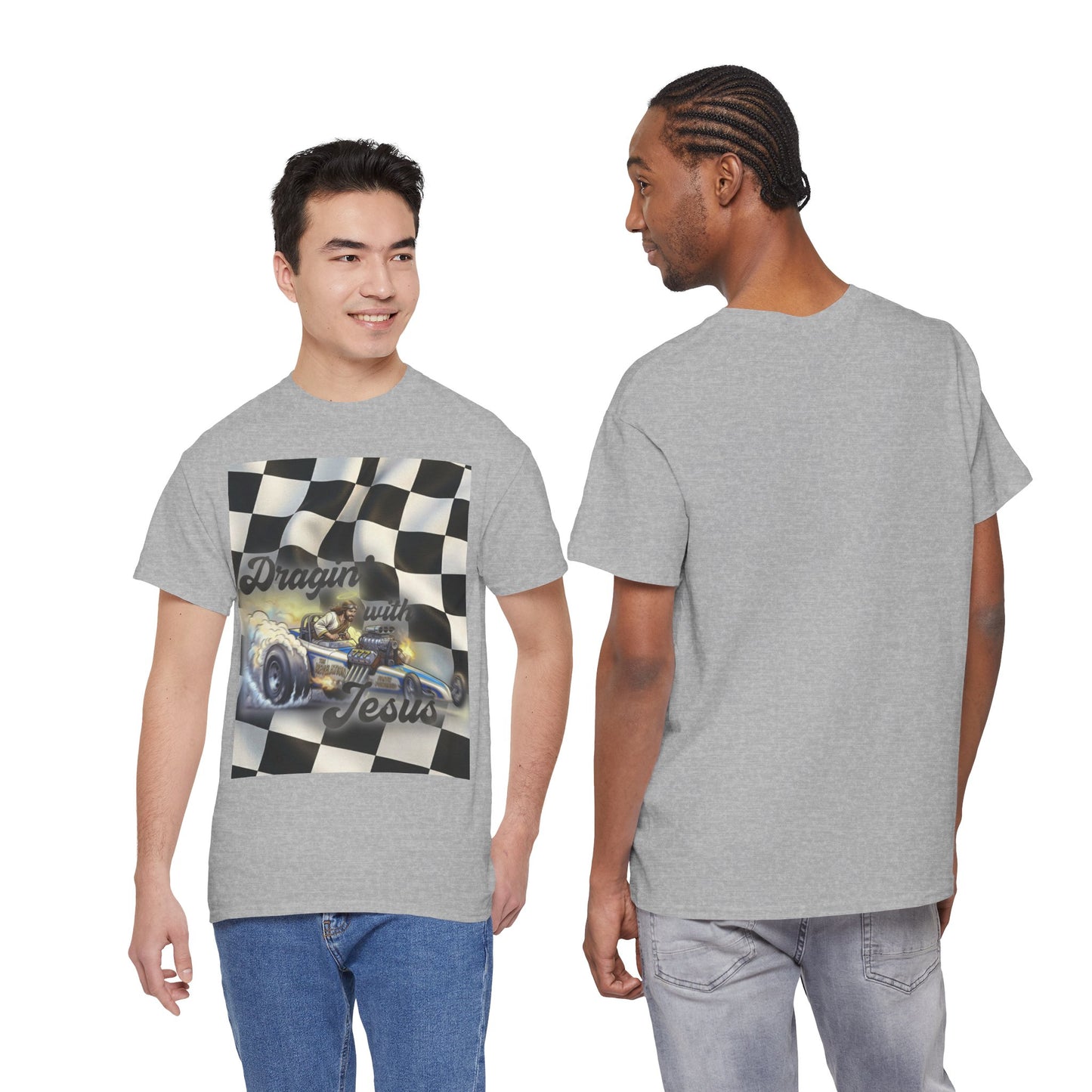 Racing Faith Tee – "Draggin' for Jesus" Checkered Flag Racing T-Shirt