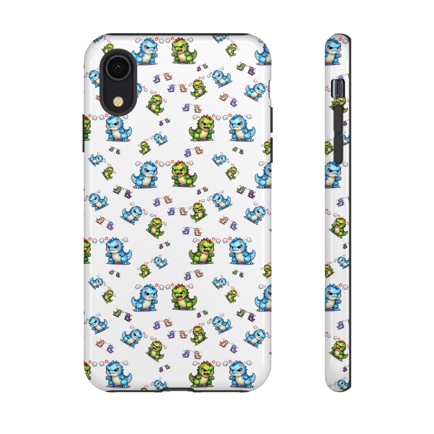 Cute Dino Pattern Phone Case — Cartoon Green & Blue Dino Tough Case, Protective iPhone Cover