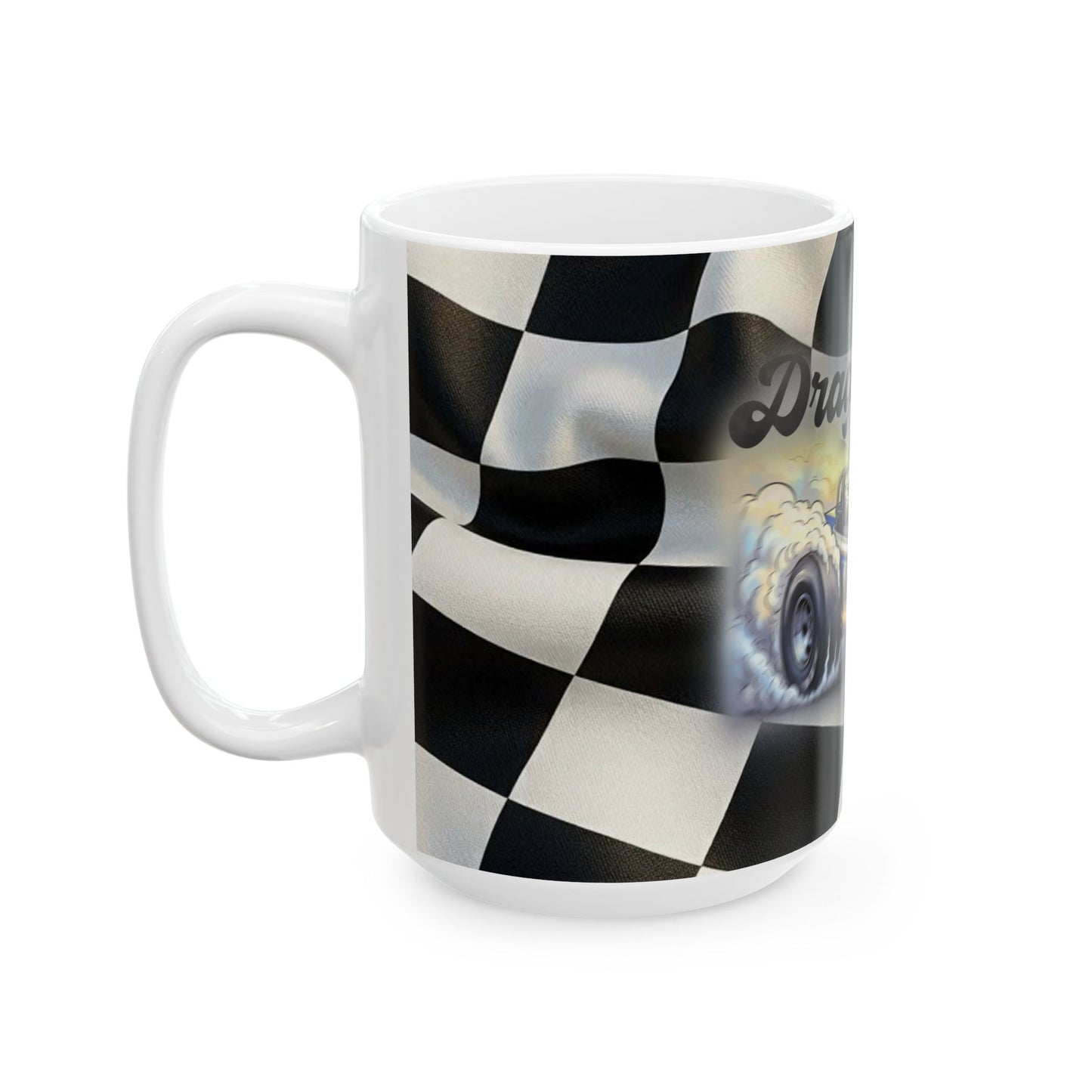 Dragin with Jesus Ceramic Mug — Racing Checkered Design with Faith Car Graphic (11oz/15oz)