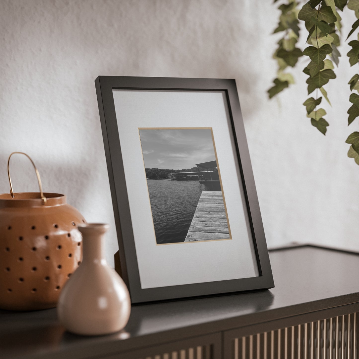 Black Framed Lake Dock Poster — Minimalist Monochrome Wall Art