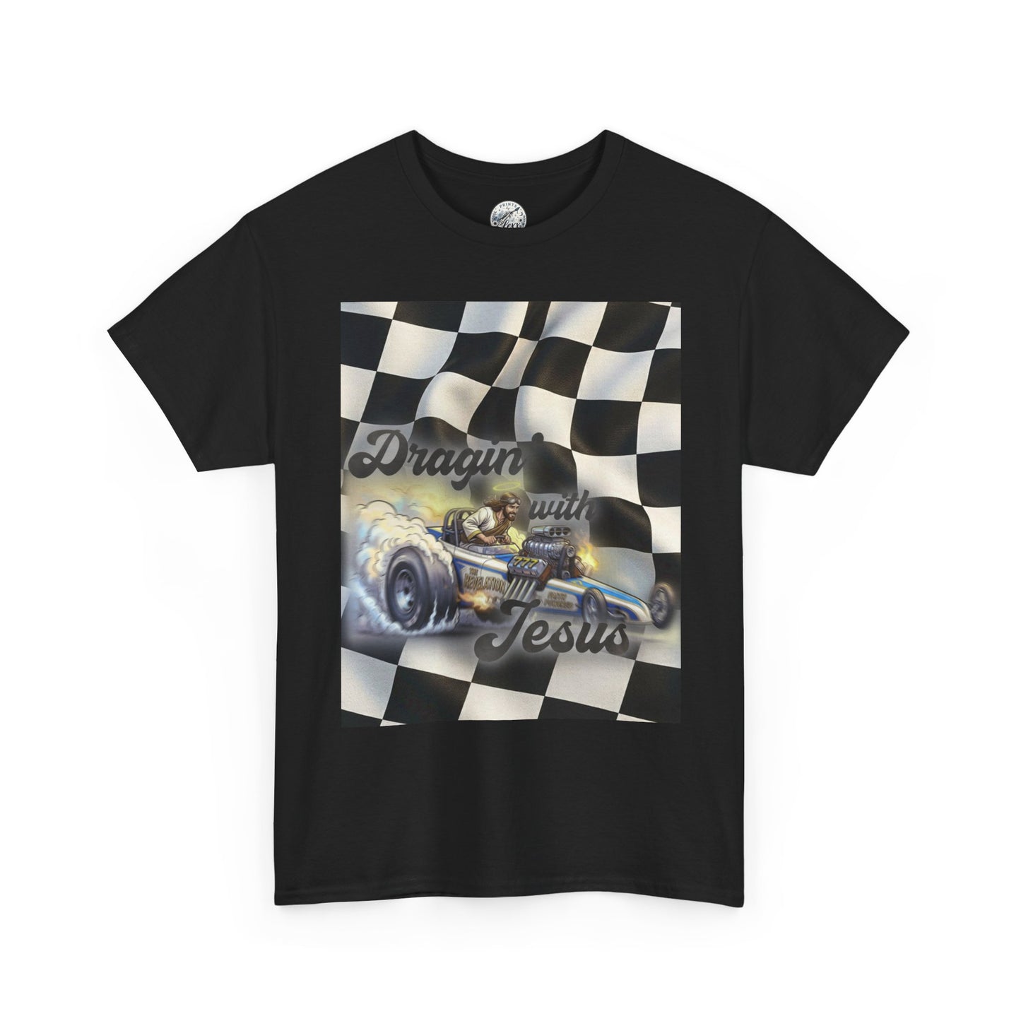 Racing Faith Tee – "Draggin' for Jesus" Checkered Flag Racing T-Shirt