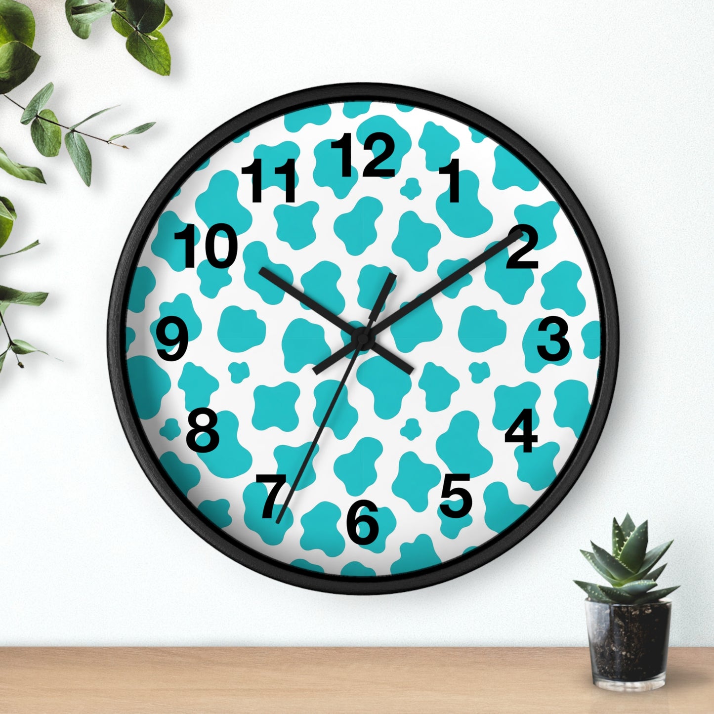 Teal cow Print Wall Clock — Modern Animal-Print Timepiece for Home Decor