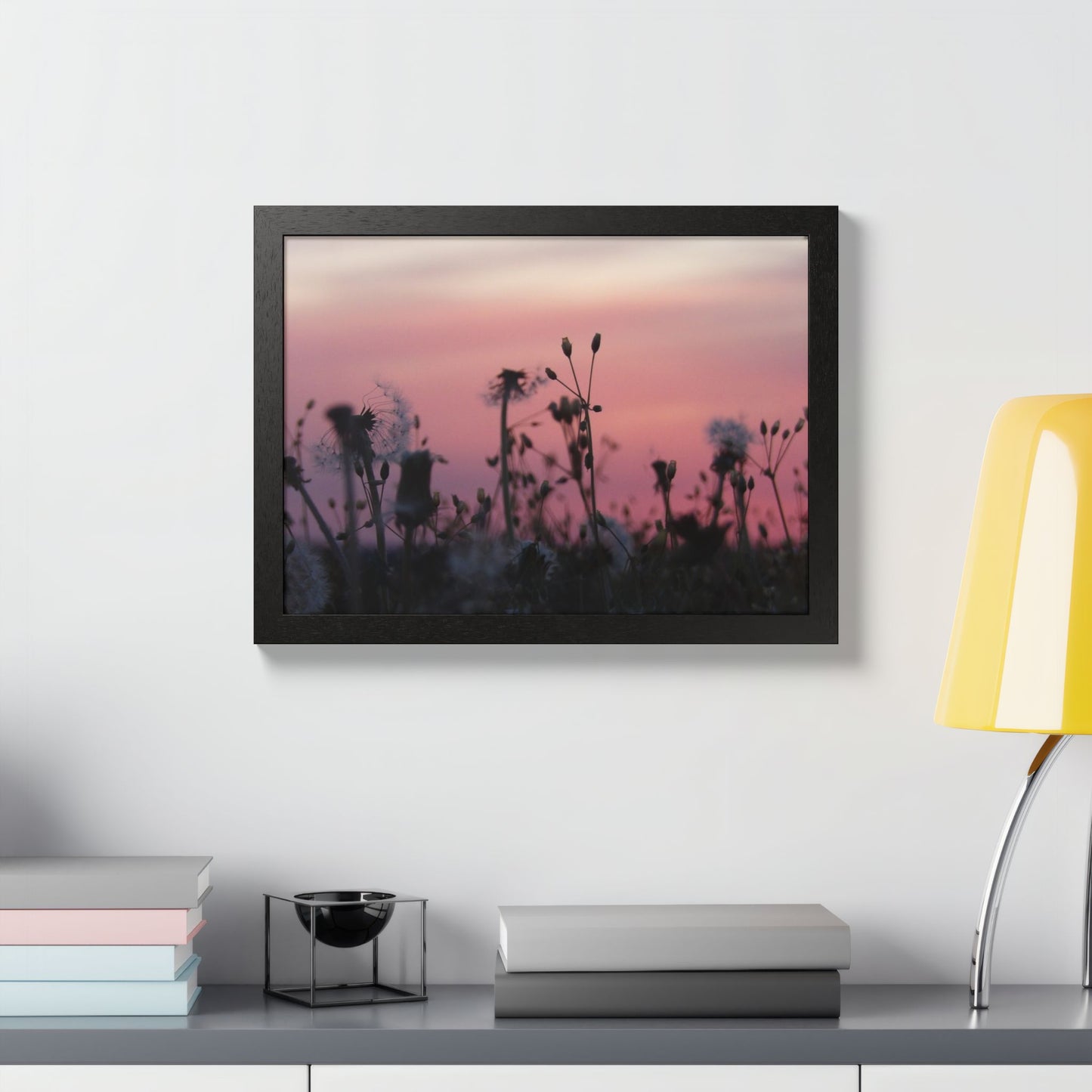 Sunset Meadow Framed Poster — Pink Sky Wildflower Wall Art