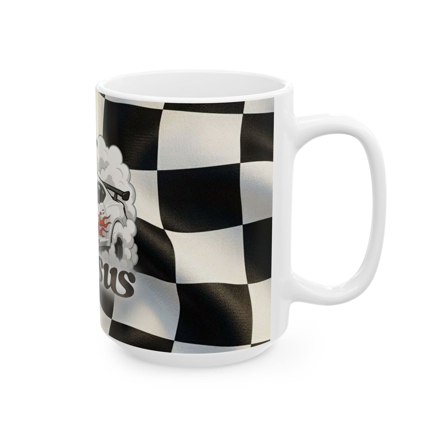 Driftin' with Jesus Ceramic Mug — Racing Checkered Design with Faith Car Graphic (11oz/15oz)