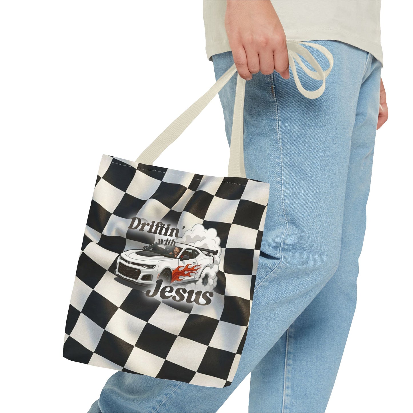 Driftin' with Jesus Racing Tote Bag - Checkered Flag Christian Car Gift