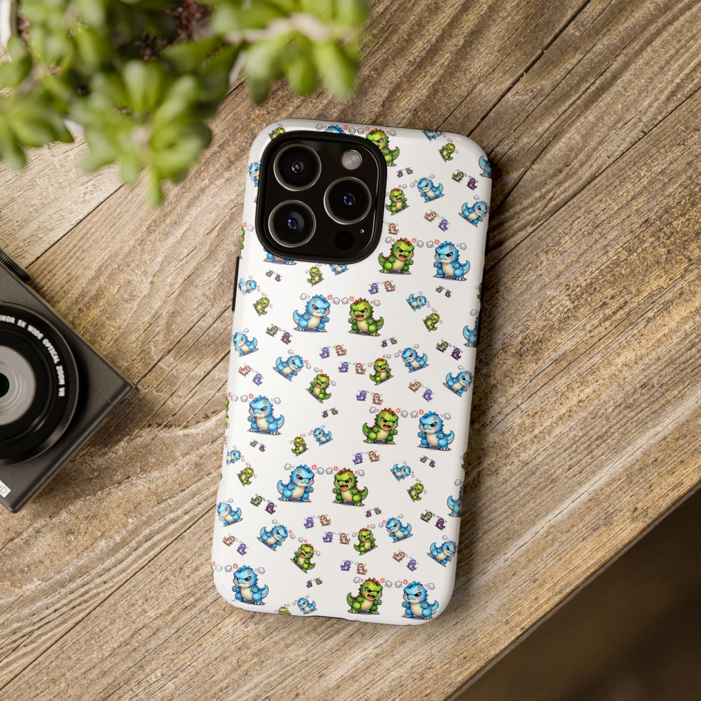 Cute Dino Pattern Phone Case — Cartoon Green & Blue Dino Tough Case, Protective iPhone Cover