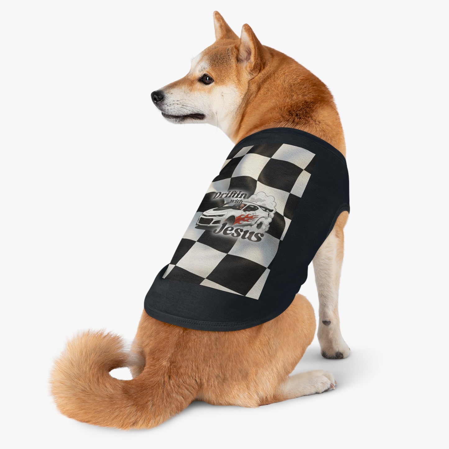 Pet Tank Top — "Driftin' with Jesus" Racing Flag Dog Shirt
