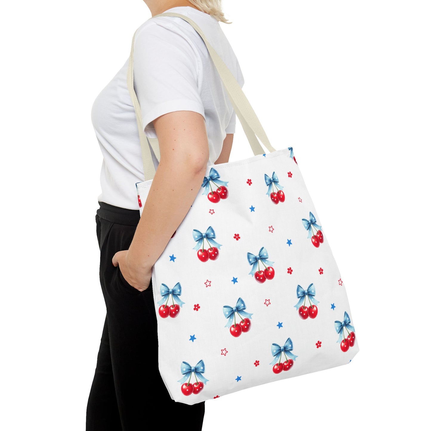 Cherry Bow Tote Bag — Cute Red Cherries with Blue Bows Patterned Shopper