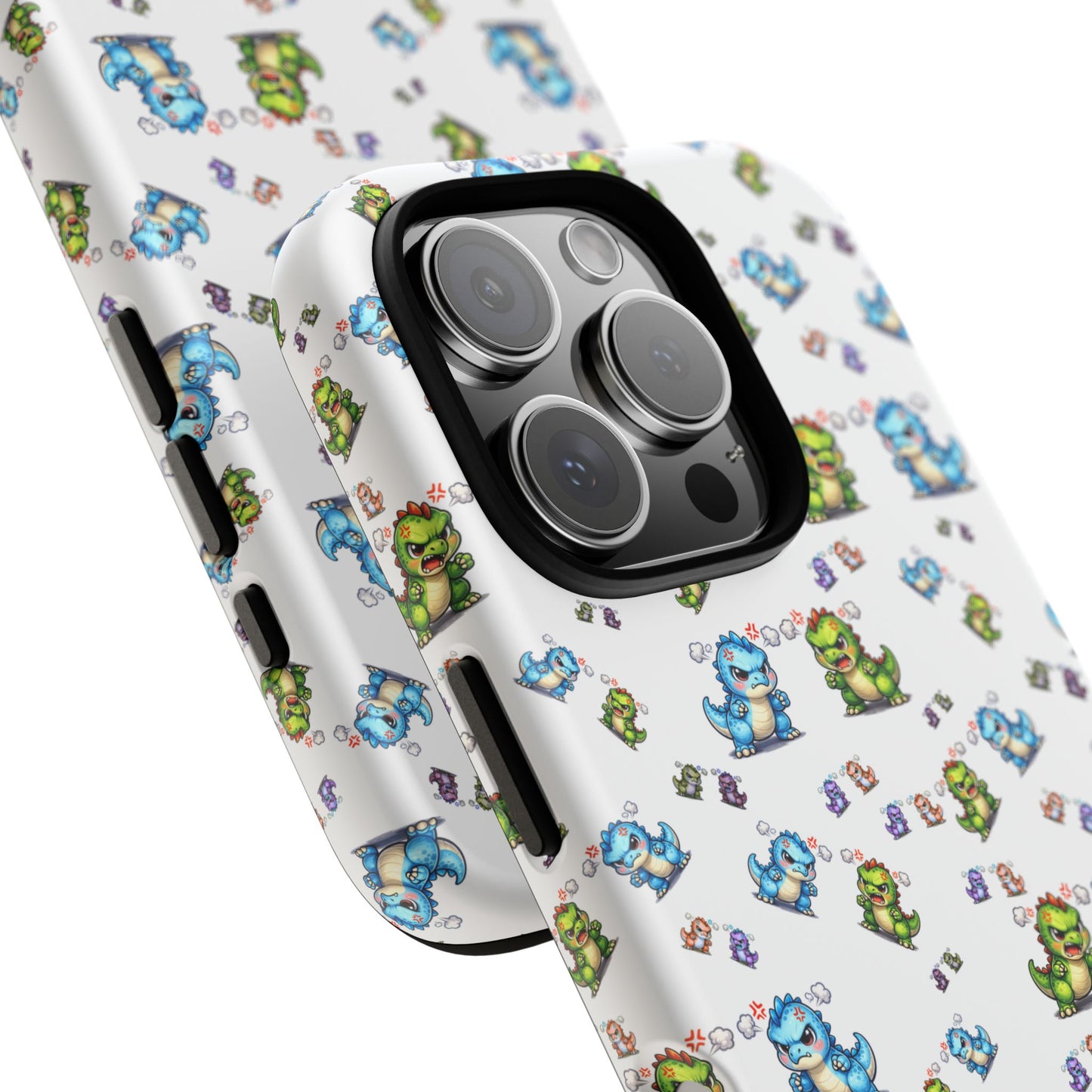 Cute Dino Pattern Phone Case — Cartoon Green & Blue Dino Tough Case, Protective iPhone Cover