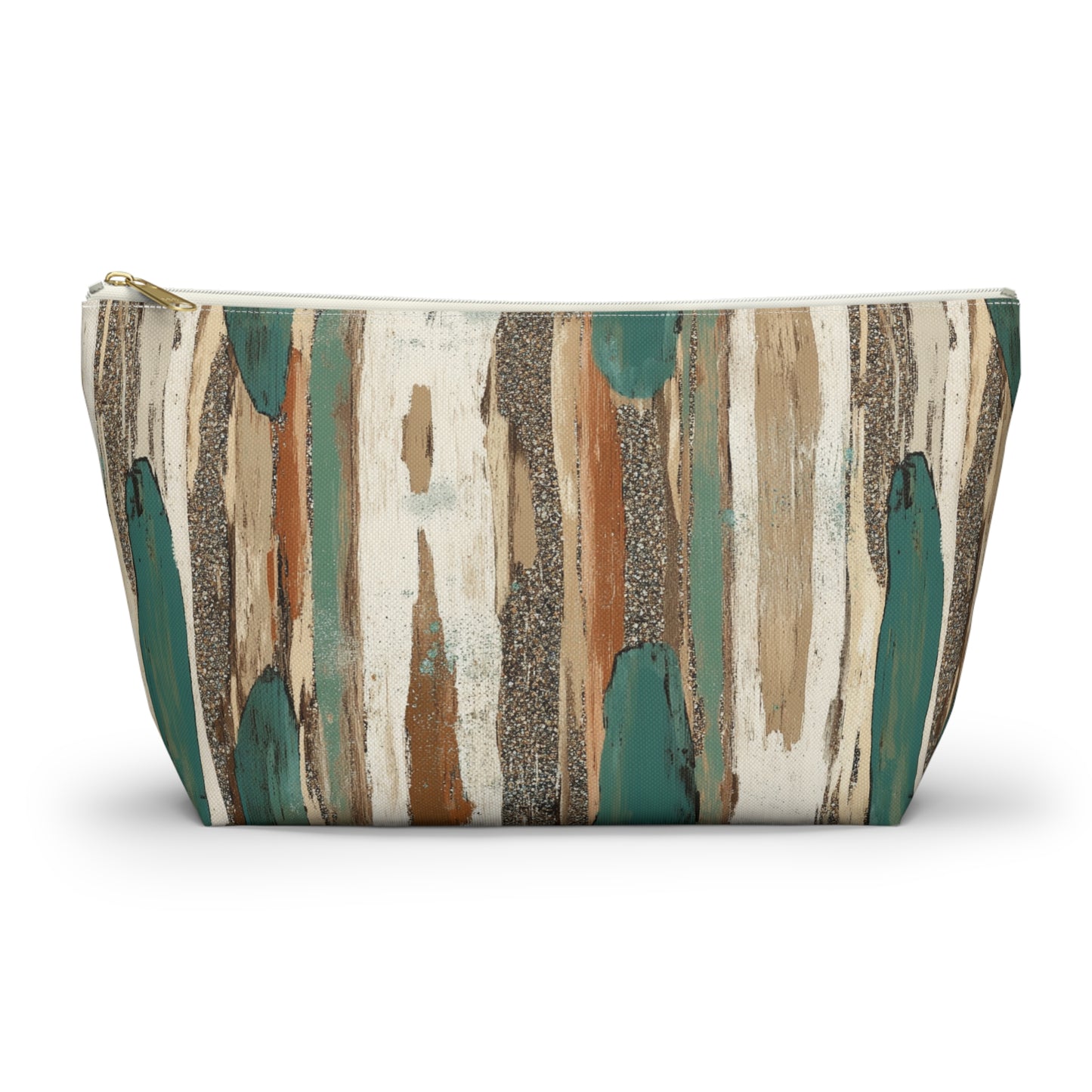 Abstract Teal & Earthtone Accessory Pouch — T-Bottom Cosmetic Bag