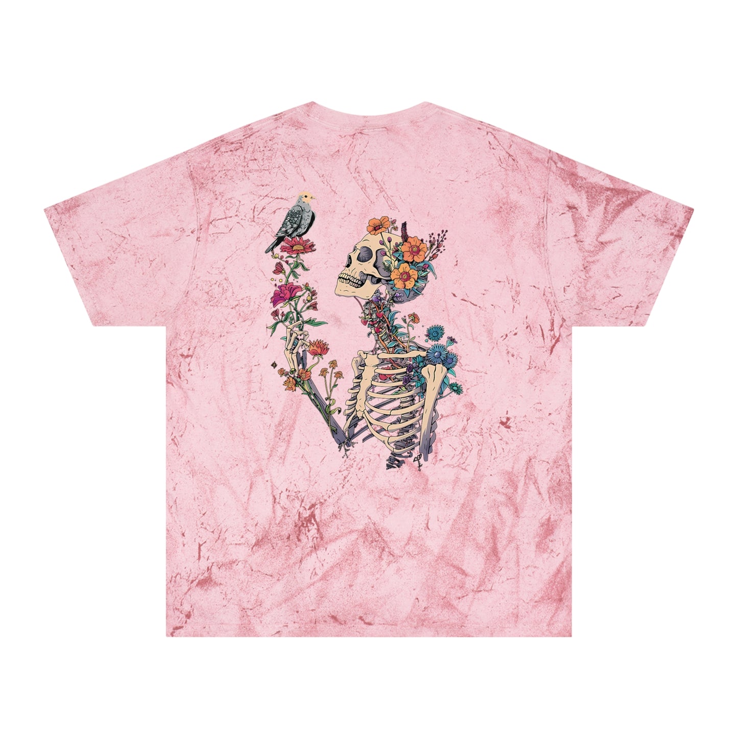 Floral Skeleton Graphic T-Shirt – Color Blast Skull & Bird Design