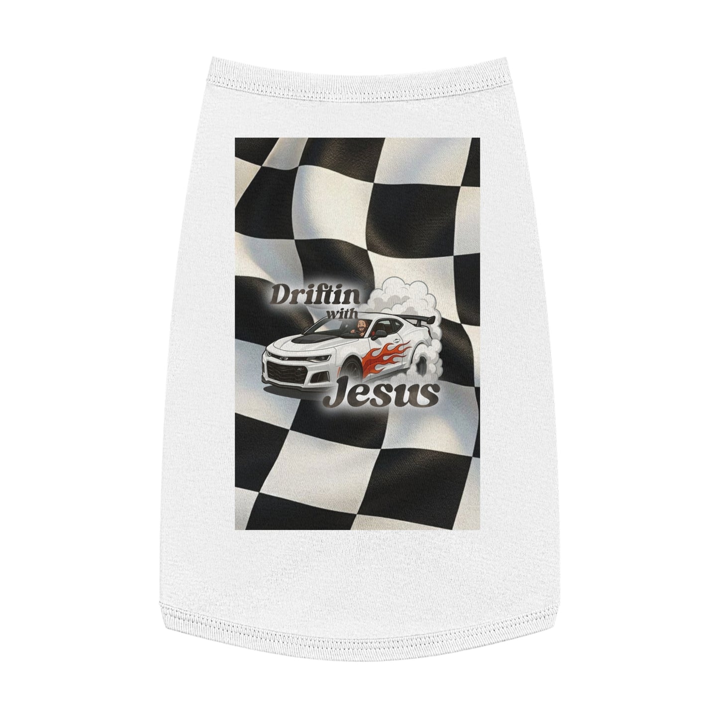 Pet Tank Top — "Driftin' with Jesus" Racing Flag Dog Shirt