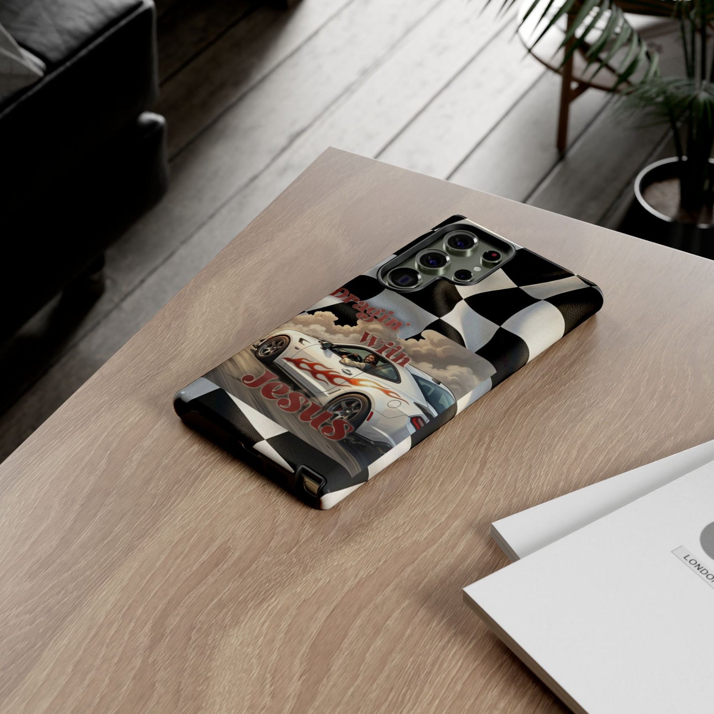 Phone Case — "Dragin' With Jesus" Racing Checkered flag - Samsung / Google phones