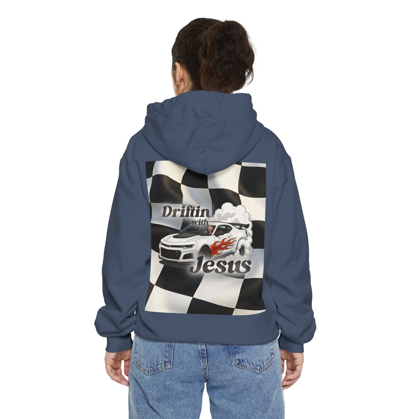 Classic Car Hoodie — Small Chest Graphic “drifting with jesus" Pullover