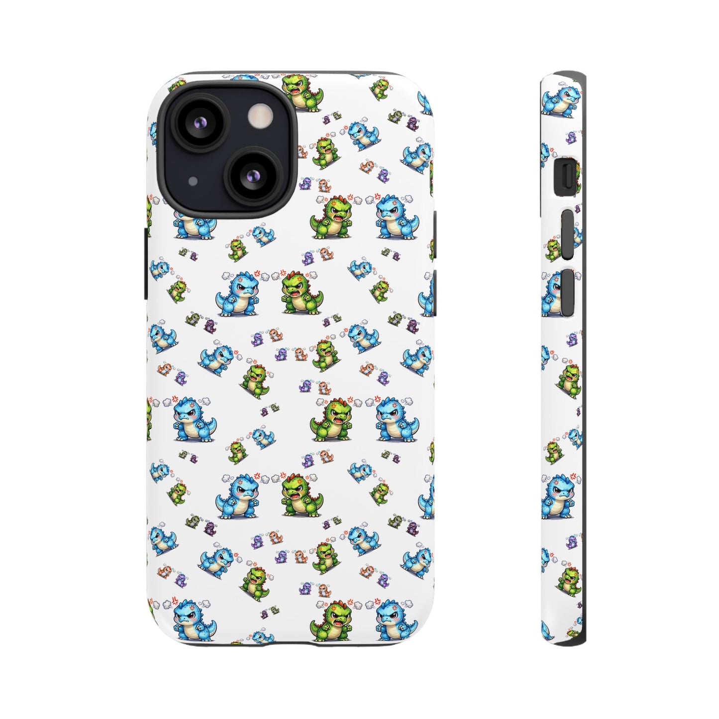 Cute Dino Pattern Phone Case — Cartoon Green & Blue Dino Tough Case, Protective iPhone Cover