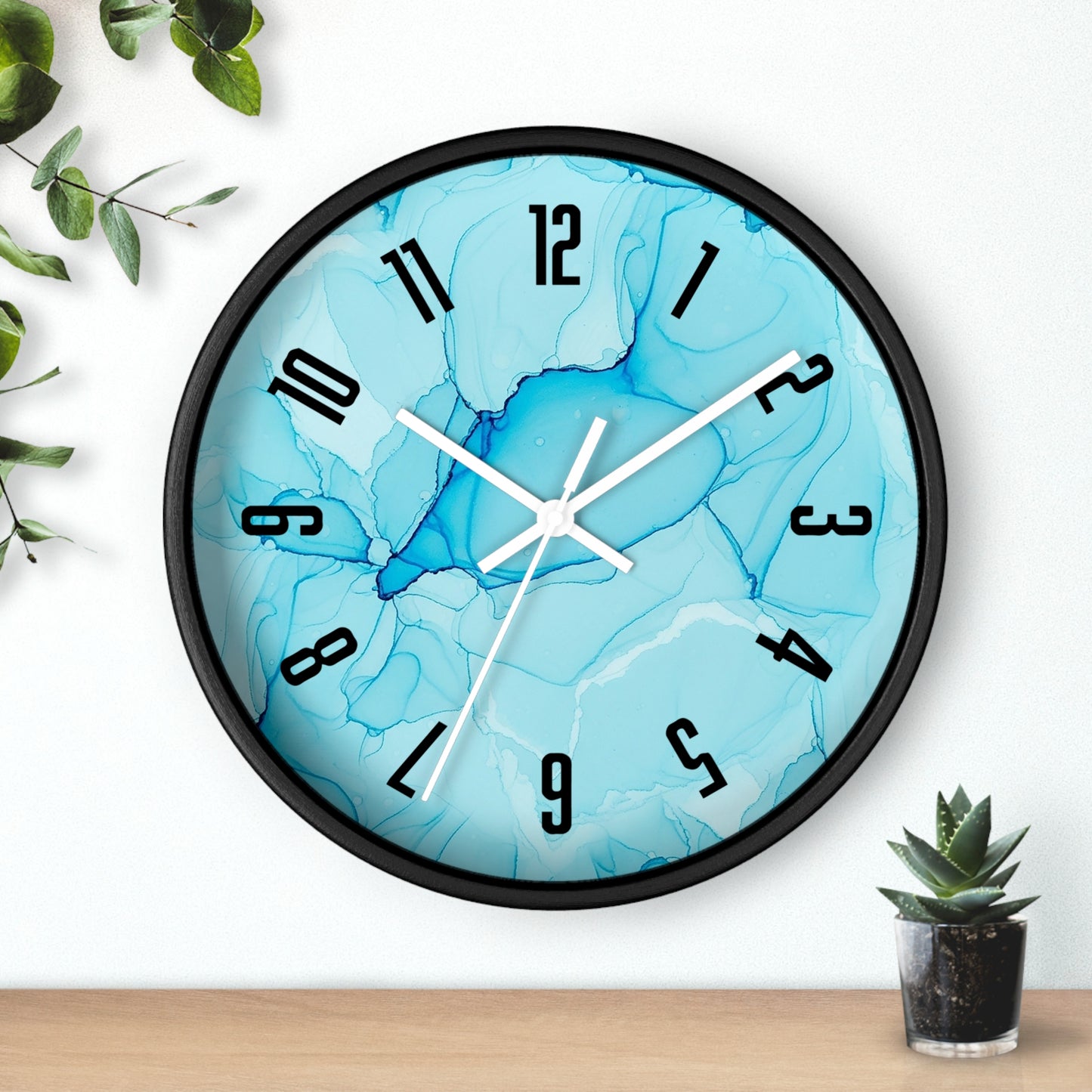 Blue Marble Wall Clock — Abstract Aqua Alcohol Ink Home Decor Clock