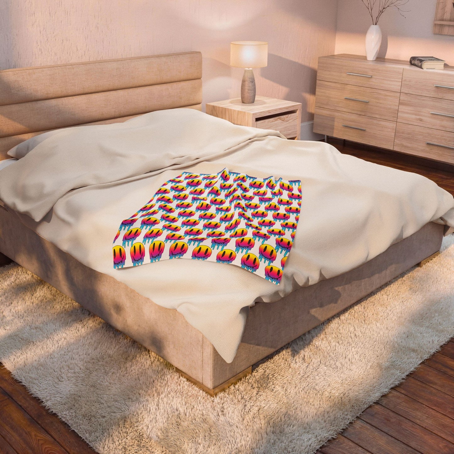Velveteen Plush Blanket — Colorful Dripping Smiley Face Throw for Teens & Pop Art Lovers