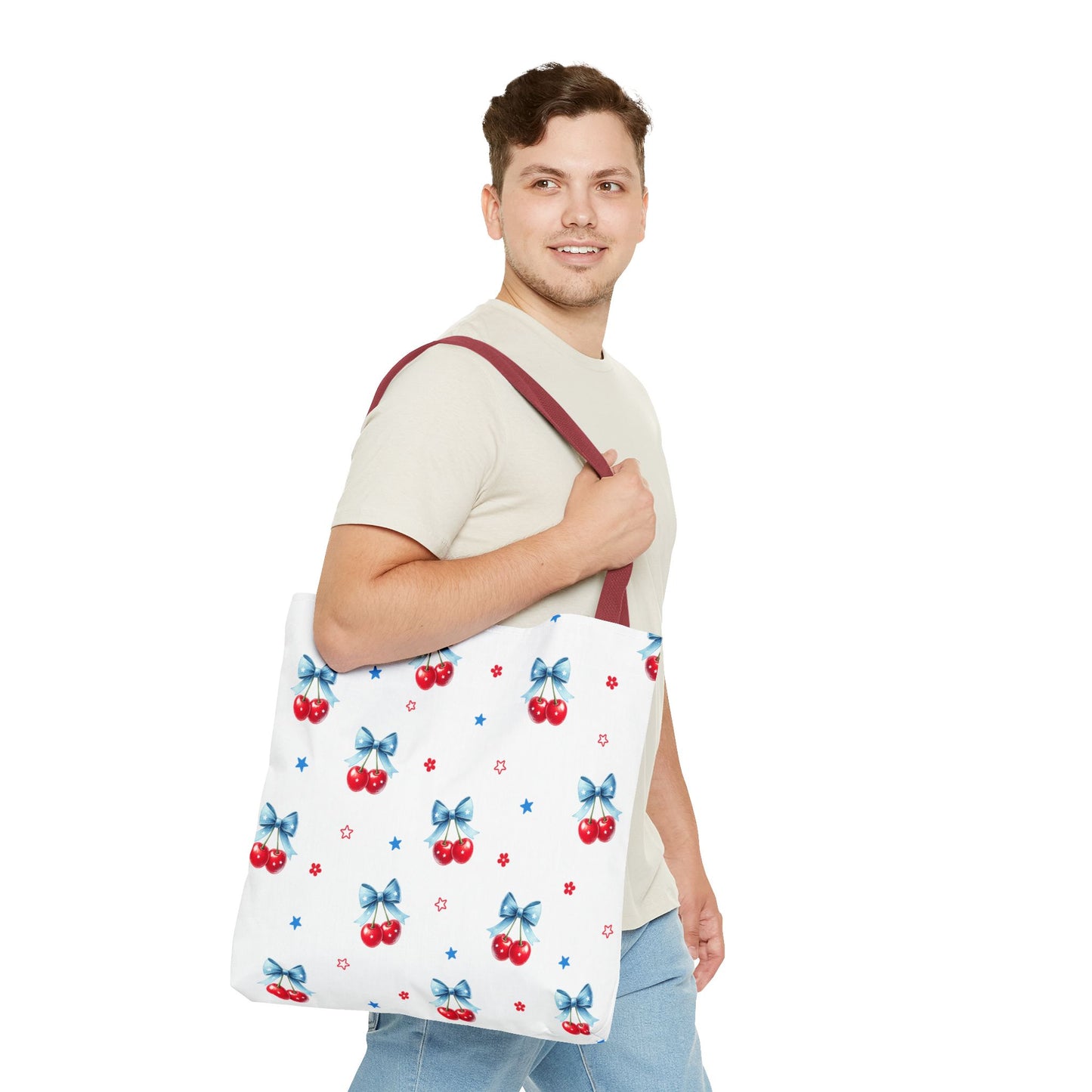Cherry Bow Tote Bag — Cute Red Cherries with Blue Bows Patterned Shopper