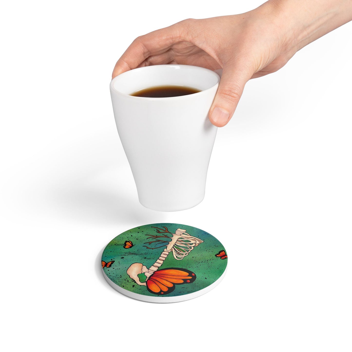 Skeleton & Monarch Butterfly Ceramic Coaster — Gothic Nature Drink Coaster