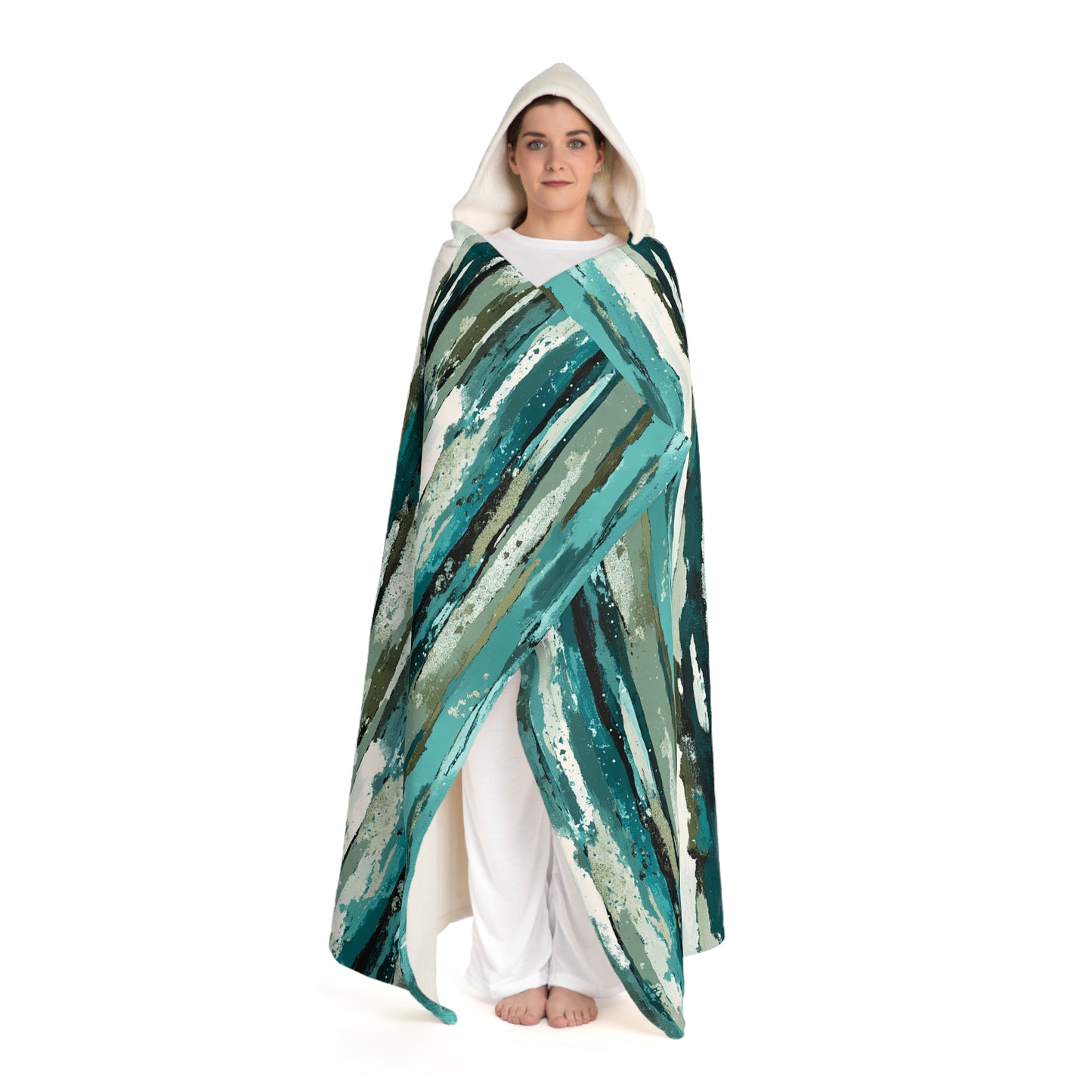 Hooded Sherpa Blanket — Teal Seafoam Brushstroke Fleece Wrap