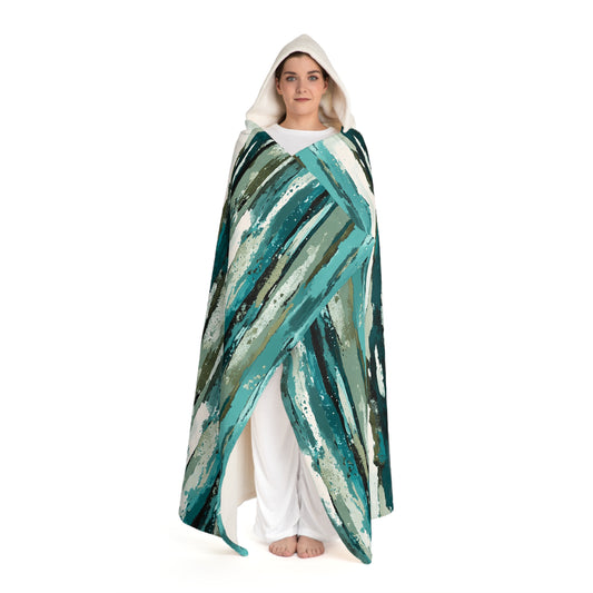Hooded Sherpa Blanket — Teal Seafoam Brushstroke Fleece Wrap