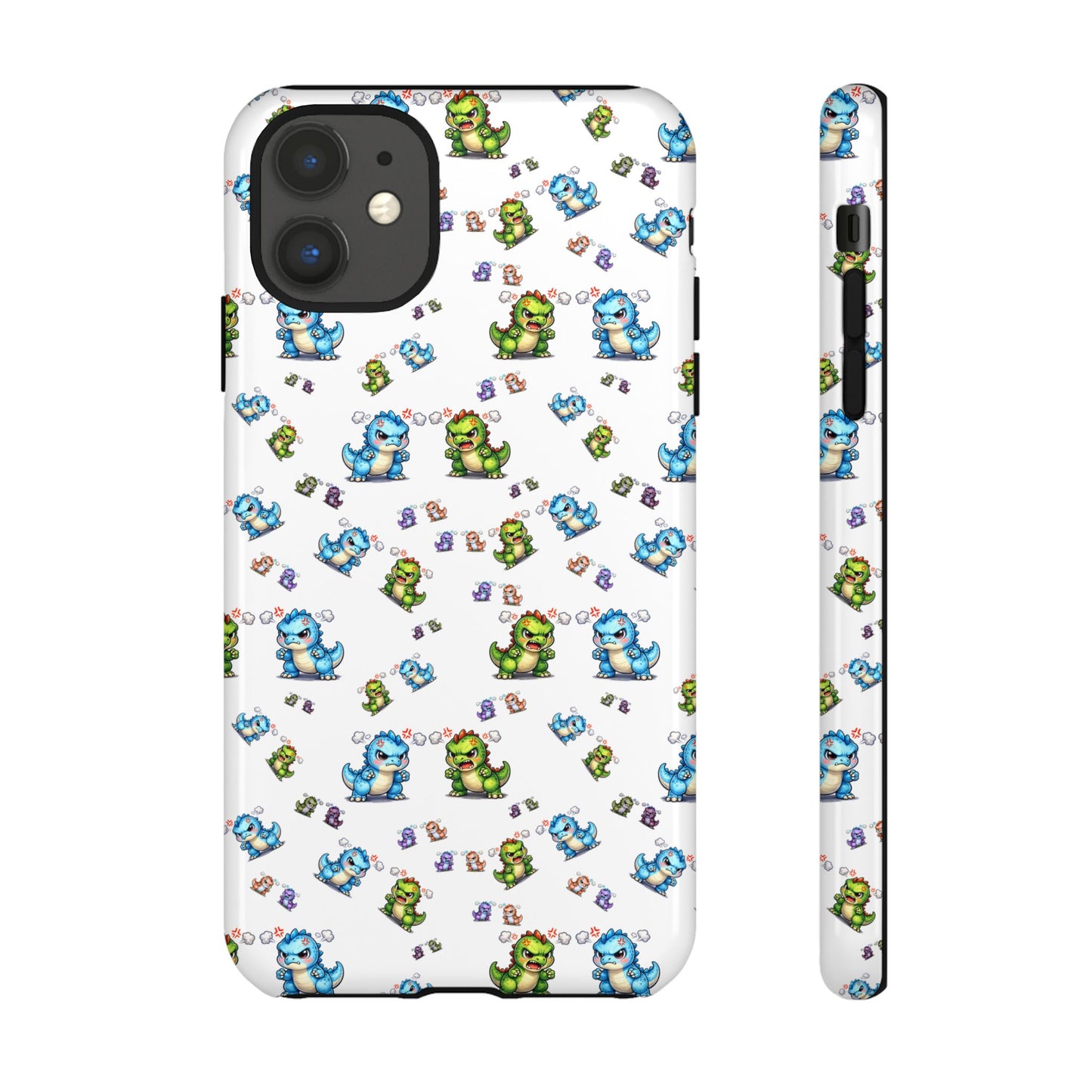 Cute Dino Pattern Phone Case — Cartoon Green & Blue Dino Tough Case, Protective iPhone Cover